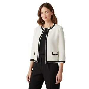 St. John Caviar Jacket Cream Black Santana Knit Full Zip 3/4 Sleeve Size 2